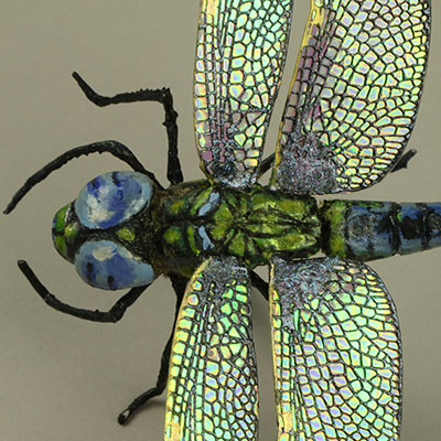 Iridescent model dragonfly showing flock body detail