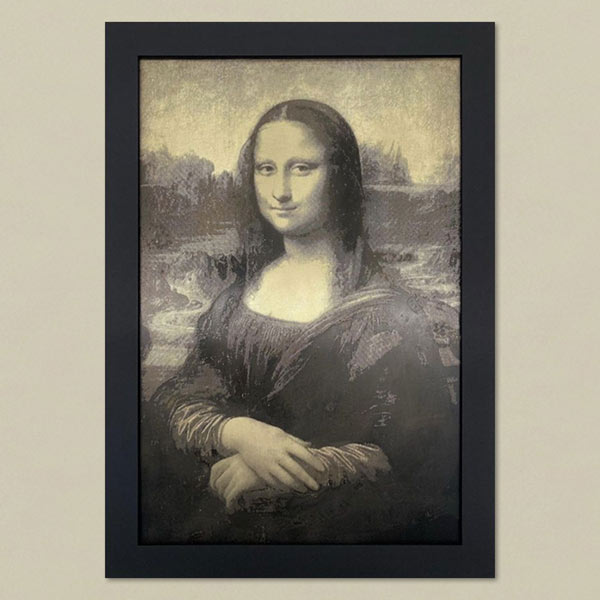 In-filled Mona Lisa etching with black paint